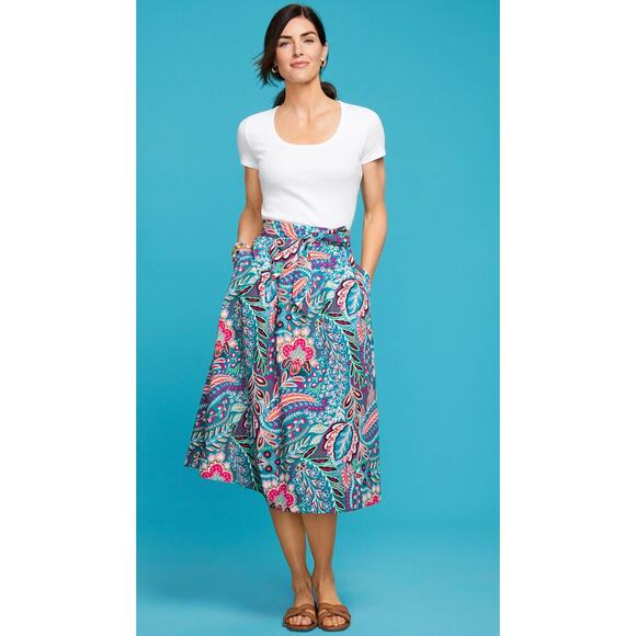 TALBOTS Paisley Botanical Poplin Fit & Flare Midi Skirt Elastic Tie Waist L NWT - Picture 1 of 7